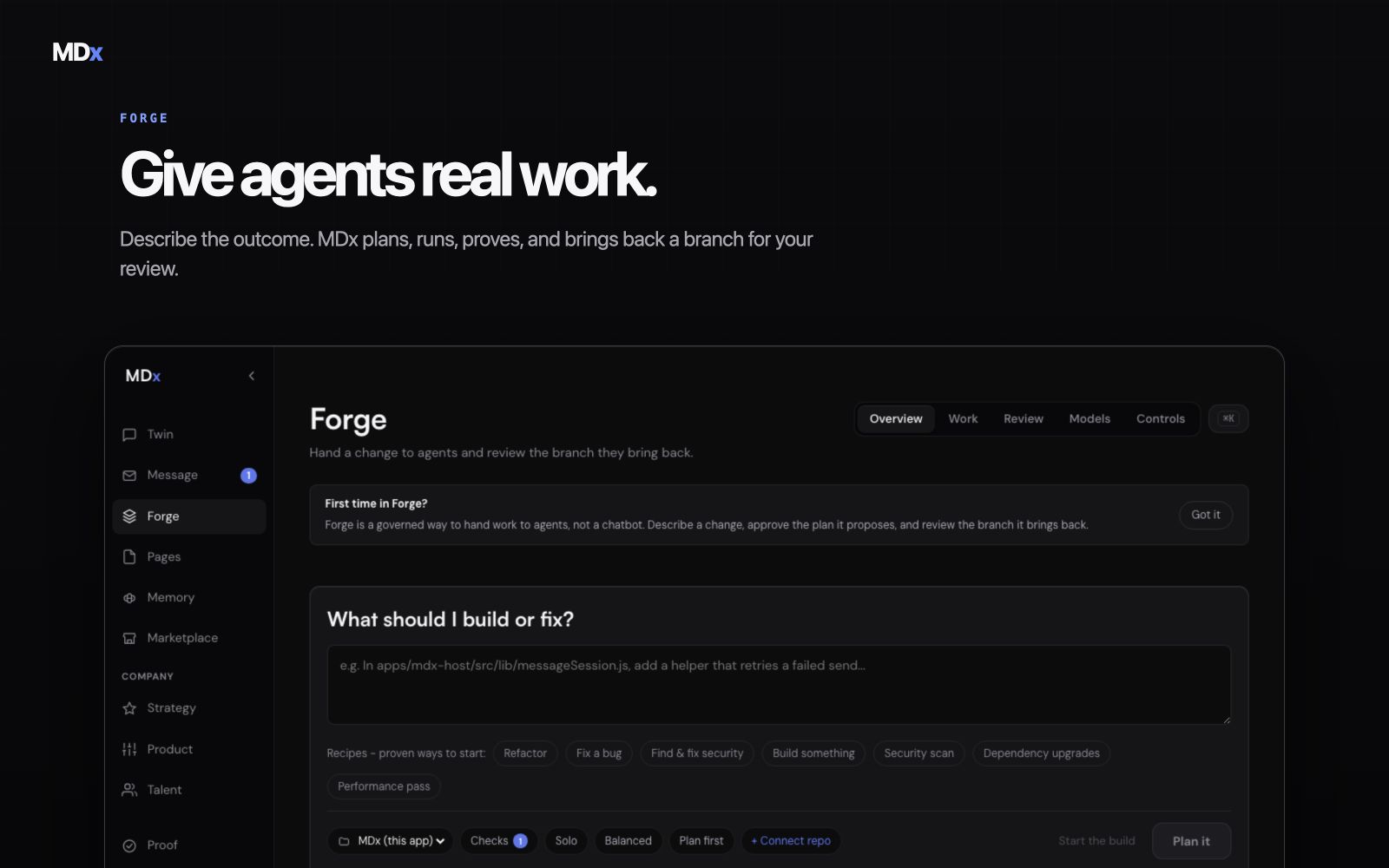 MDx for Mac showing Forge preparing a governed build from a plain-language outcome.