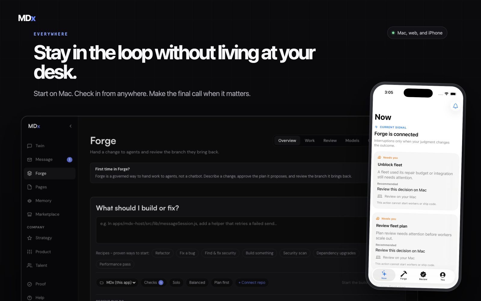 MDx across Mac, web, and iPhone, showing the same Forge work on every device.